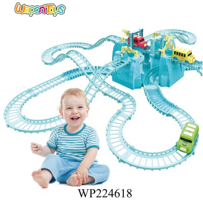 high quality plastic block building roller coaster railway plastic railway car toy with music