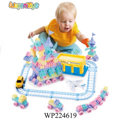 easy assemble plastic educational kids block building electric toy railway scale model with light